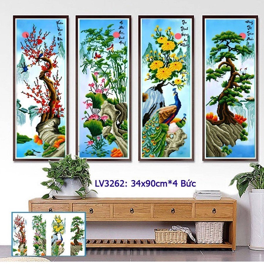 Tranh thêu chữ thập Tứ quý Mai Lan Trúc Cúc DLH-222975-Ngọc Thịnh