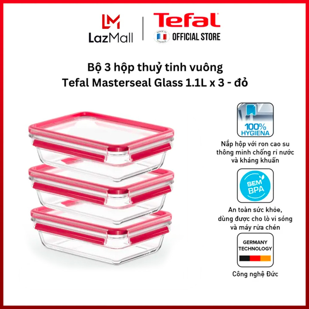 Bộ 3 hộp bảo quản thực phẩm thủy tinh vuông - đỏ - nhiều kích cỡ Tefal Masterseal Glass
