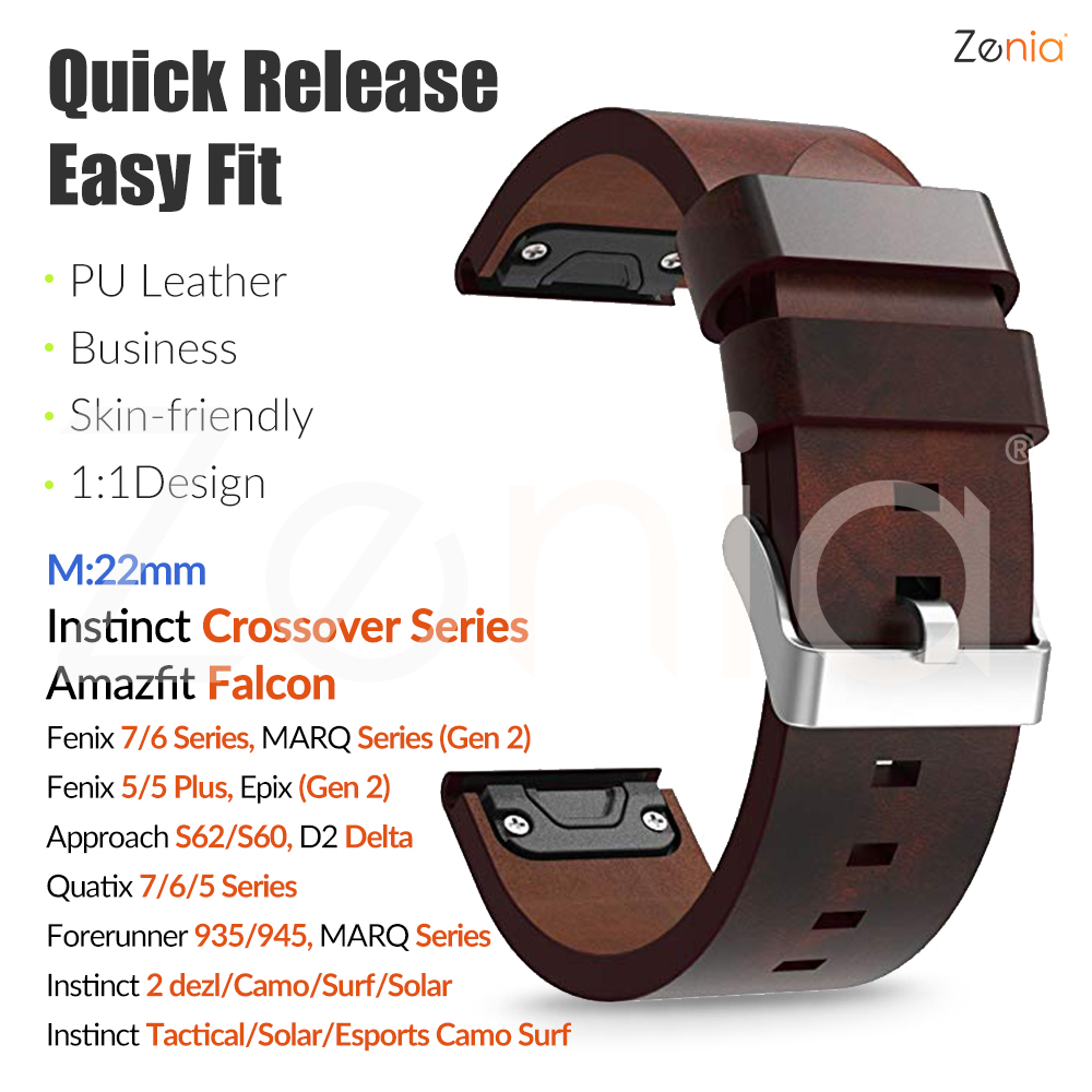 Zenia 22mm PU Leather Quick Fit Watch Strap for Garmin Instinct Crossover Tactical dezl Esports Solar Camo Surf Fenix 7 6 Pro Sapphire 5 Plus Quatix Approach S62/S60 MARQ Golfer Captain Aviator Athlete Adventurer Epix Gen 2 Amazfit Falcon Accessories