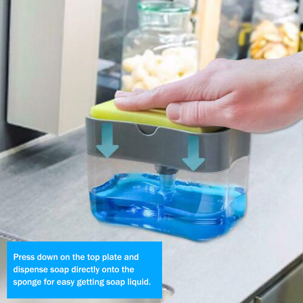 Hộp nhựa đựng nước rửa chén bát kiểu nhấn thả tạo bọt tự động thông minh + Tặng kèm miếng bọt biển cao cấp - Hộp trong 380ml chứa nước rửa chén dạng lỏng ấn tạo bọt