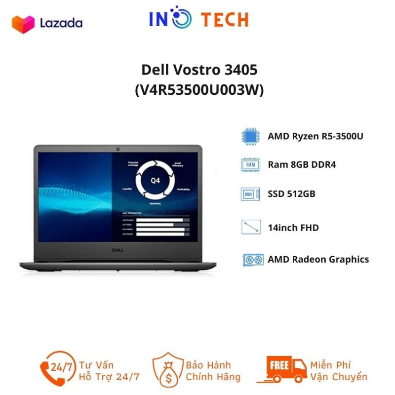 [Freeship] Laptop Dell Vostro 3405 (V4R53500U003W)/ Black/ AMD Ryzen R5-3500U (2.10GHz, 4MB)/ Ram 8GB DDR4/ SSD 512GB/ AMD Radeon Graphics/ 14.0 inch FHD/ No FP/ 3Cell/ Win10SL/ 1Yr -INO Tech- INO137 Hàng Chính Hãng