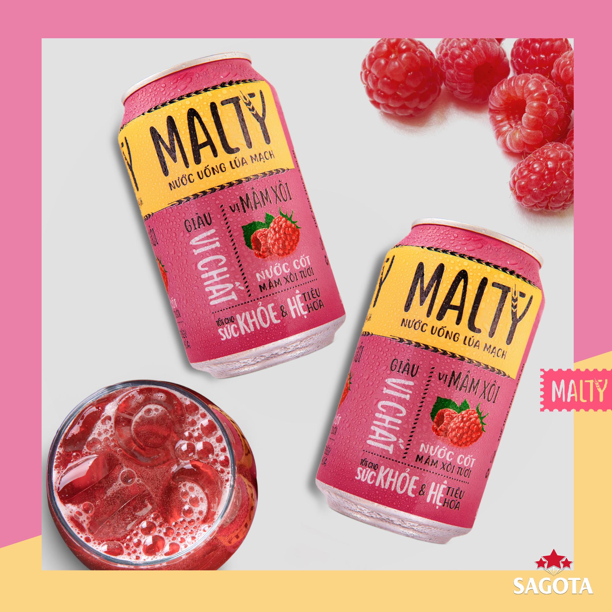NƯỚC UỐNG LÚA MẠCH MALTY-VỊ MÂM XÔI (THÙNG 24 LON/330ML)