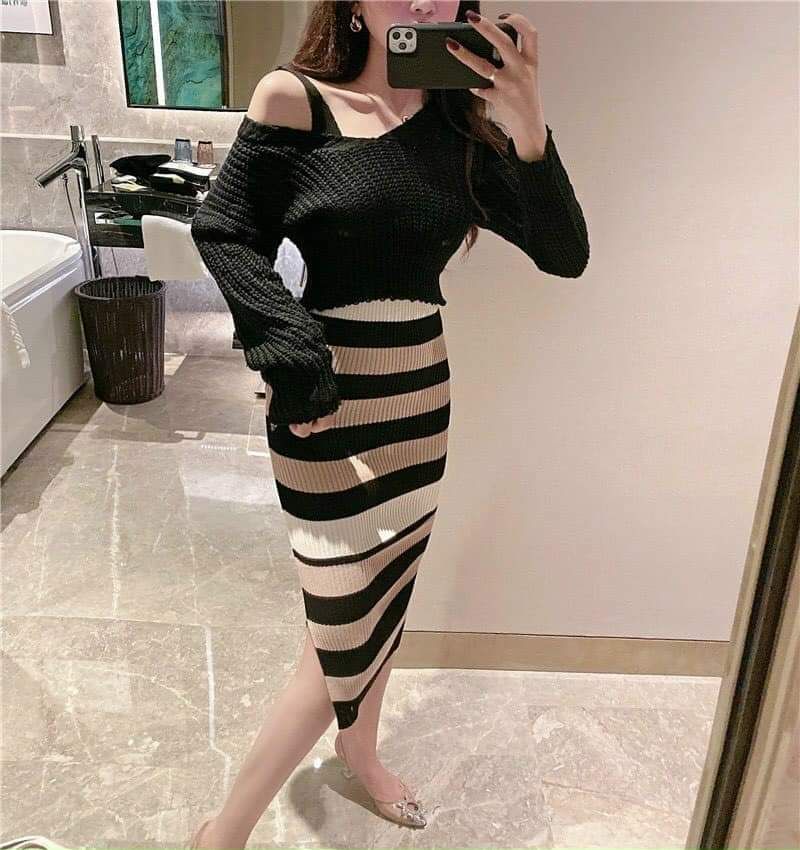 đầm len sọc kèm áo khoác cao cấp
