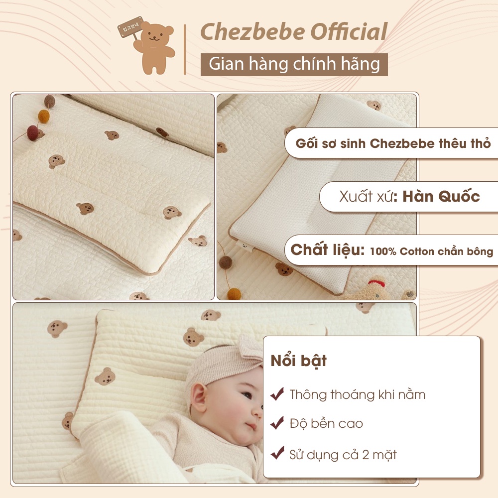 Gối mỏng Chezbebe thêu gấu Shegomi (chính hãng _Hàn Quốc)