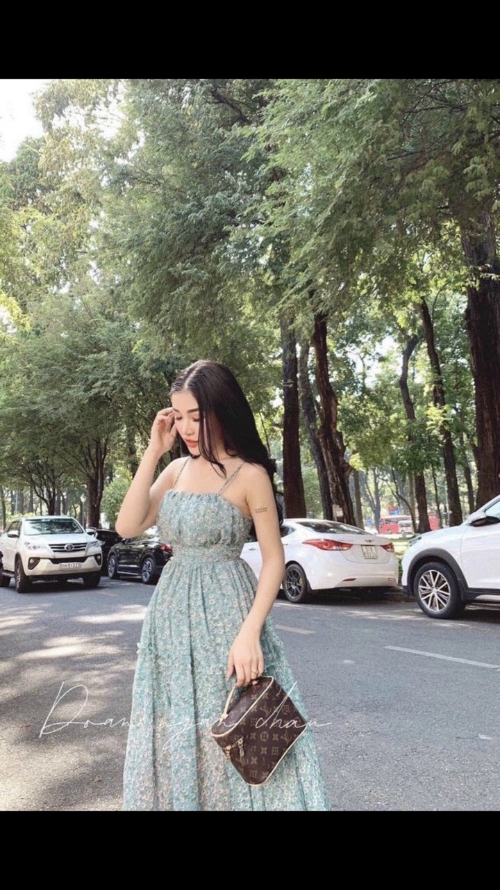 Đầm maxi hai dây hoa nhí + Ảnh thật