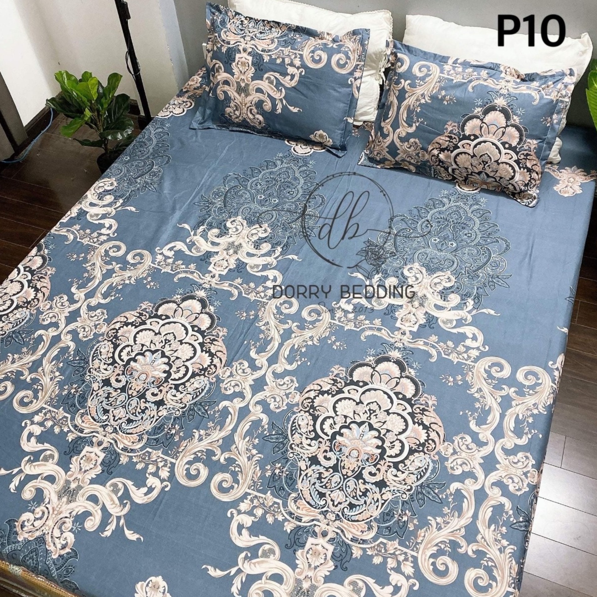 Bộ ga gối cotton Việt hoàng gia xanh bo chun đủ kích thước