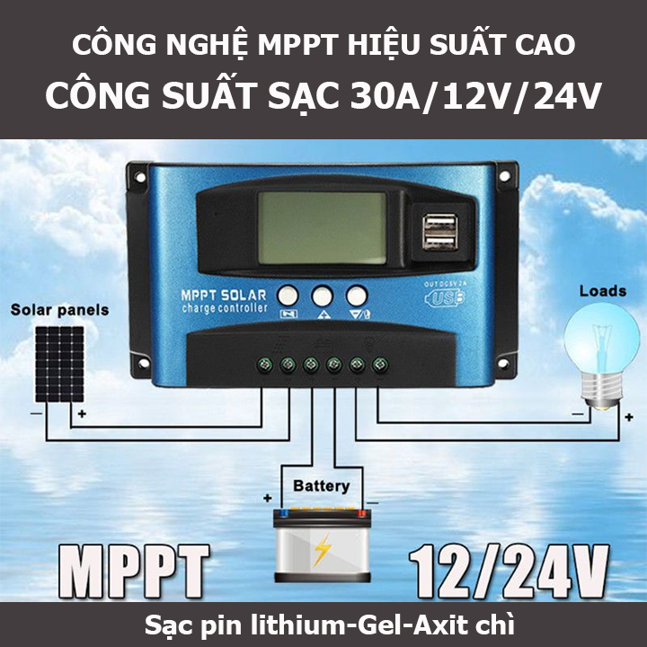 Bộ sạc pin năng lượng mặt trời 12v/24v công suất 30a công nghệ mppt tự nhận bình 12v 24v