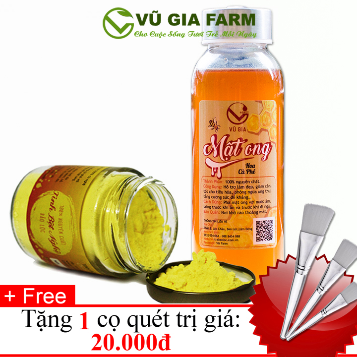 Combo Tinh Bột Nghệ 100g + Mật Ong Hoa Cà Phê 420g - Nguyên Chất Vũ Gia + Tặng Cọ Quét - Hỗ trợ đắp mặt nạ dưỡng da, tẩy tế bào chết cho da, đánh bay nhờn, mụn hiệu quả - Đã được kiểm nghiệm y tế