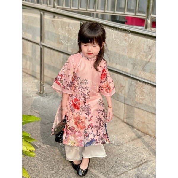 Set áo dài cách tân vải lụa hoa xuân cho bé 10-20kg