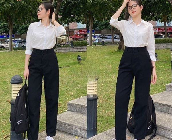 Quần tây baggy đi học nữ màu đen cạp lưng cao có đỉa