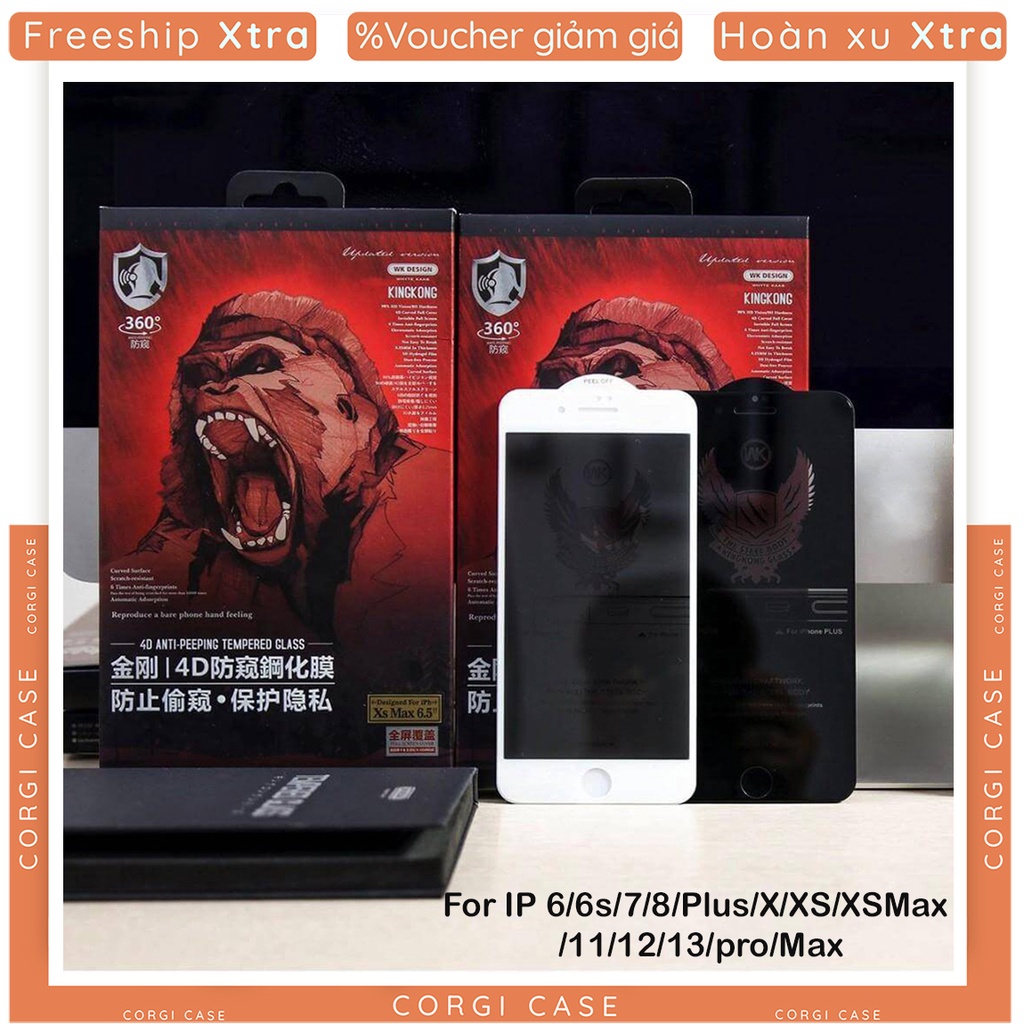 Kính Cường Lực Iphone Chống Nhìn Trộm KingKong WkDesign cho IP 6 6s 7 8 Plus SE X XS XS Max 11 12 13 14 Plus Pro Max