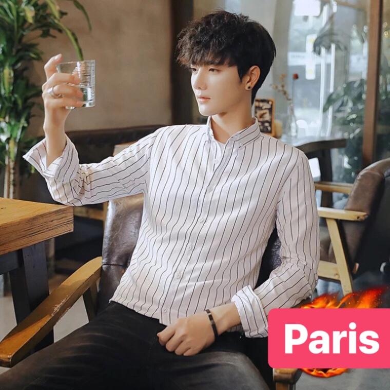Áo sơ mi lụa nam trắng sọc đen hot boy korea cao cấp - paris fashion