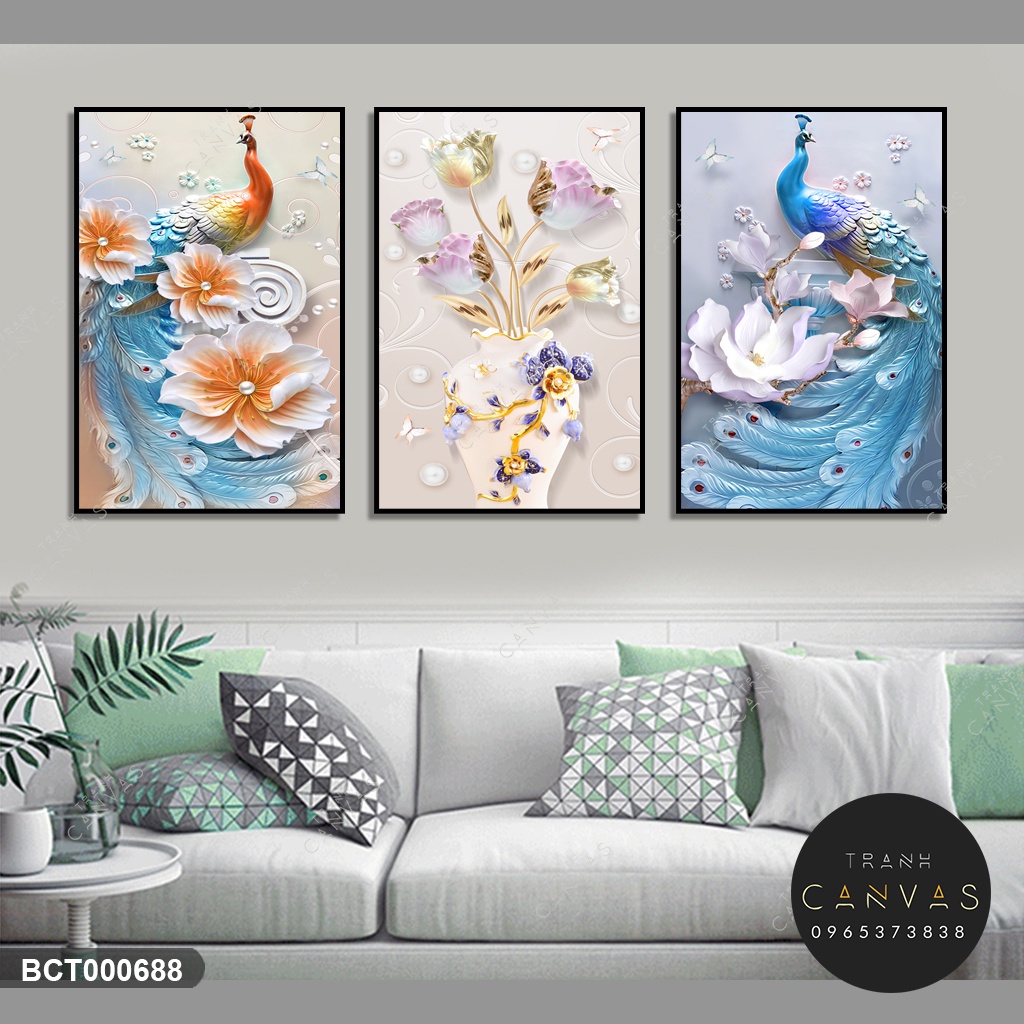 Tranh Canvas Bộ 3 Tấm Chim Công