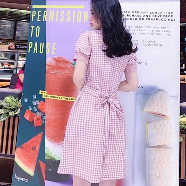 [HCM]Đầm caro hồng cổ sen