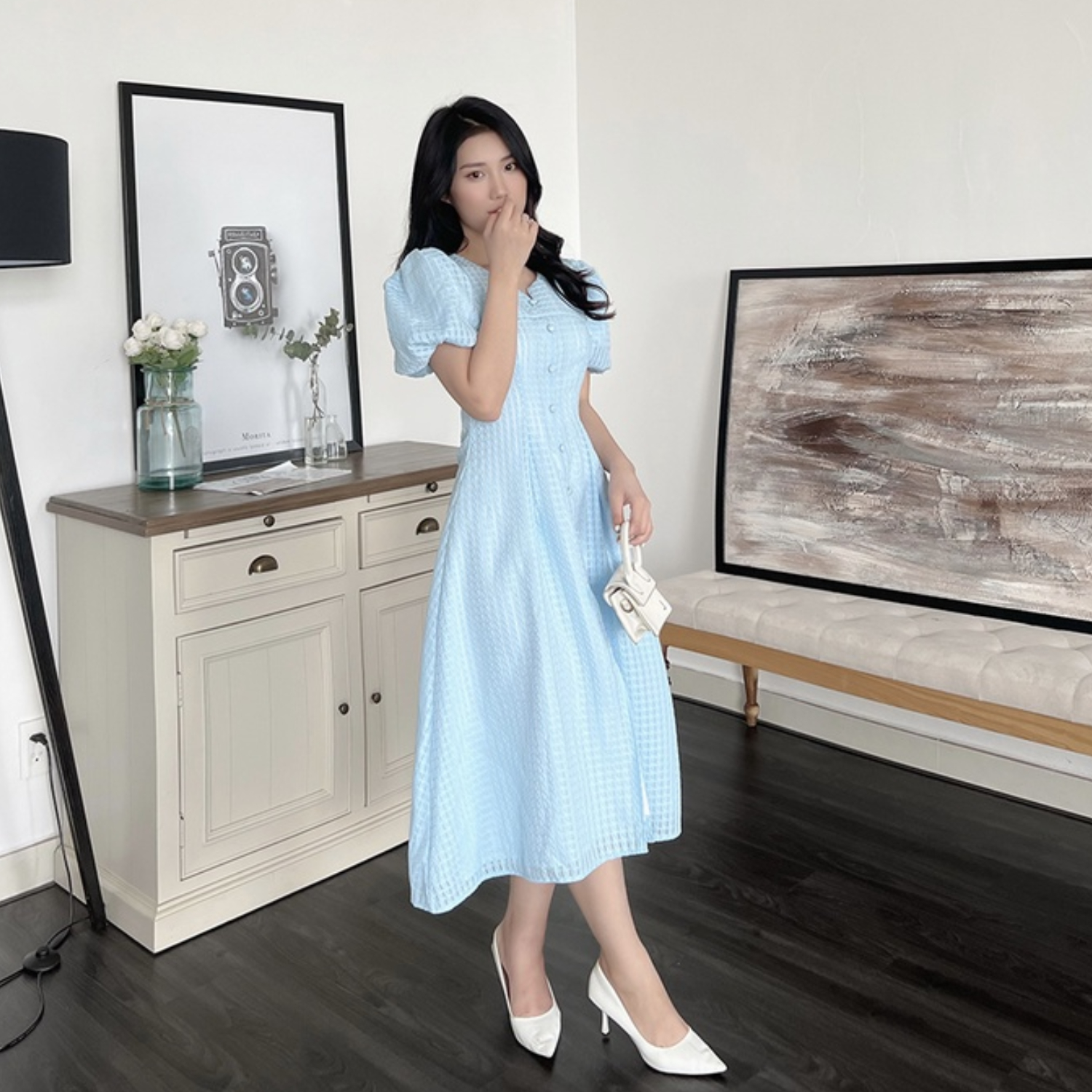 Đầm Dự Tiệc Tay Phồng Nút Bọc HNK365