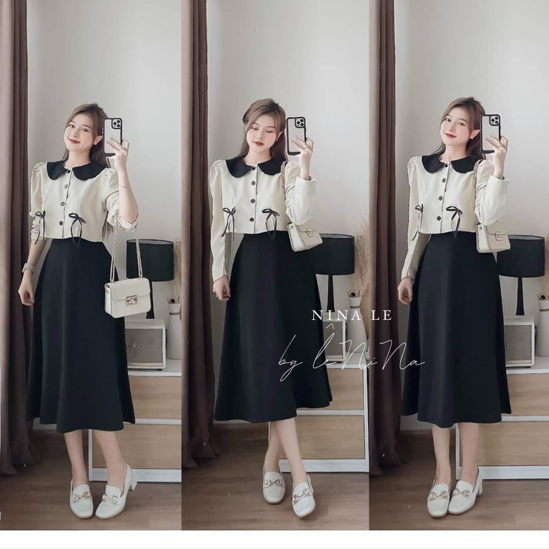 Sét Bộ Tiểu Thư Áo Cổ Sen Nút Thật + Chân Váy