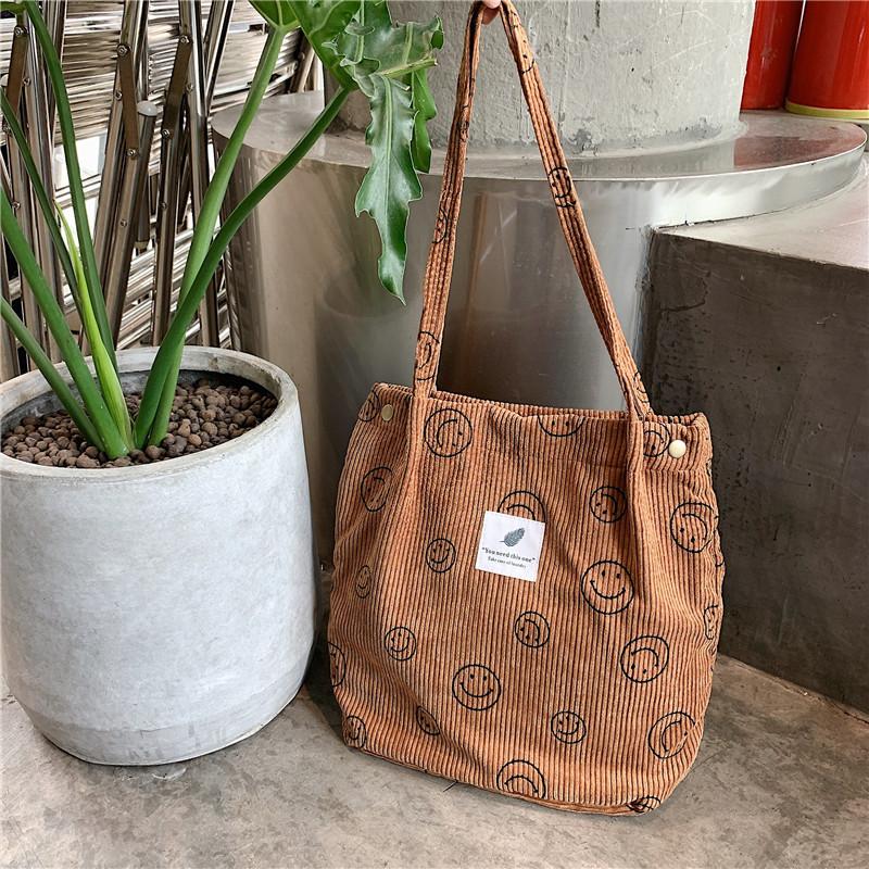 Túi tote vải nhung gân tăm mặt cười 2 lớp kiểu hàn - 100style