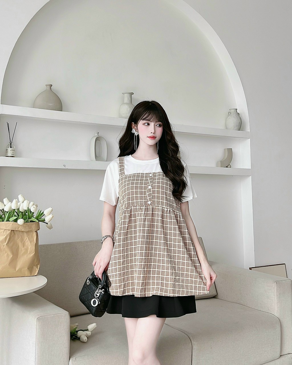 Áo yếm bầu thiết kế, dáng babydoll, freesize 45-70kg, áo bầu giả yếm mặc bầu sau sinh