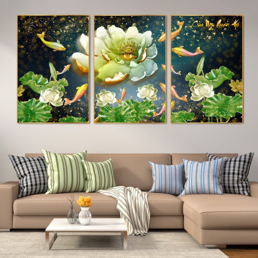 LaLaShop - Bộ 3 tấm tranh treo tường phòng khách tranh hoa sen phật treo tường có khung gỗ set 3 tấm tranh treo tường treo phòng thờ decor phòng khách tranh 3d hiện đại