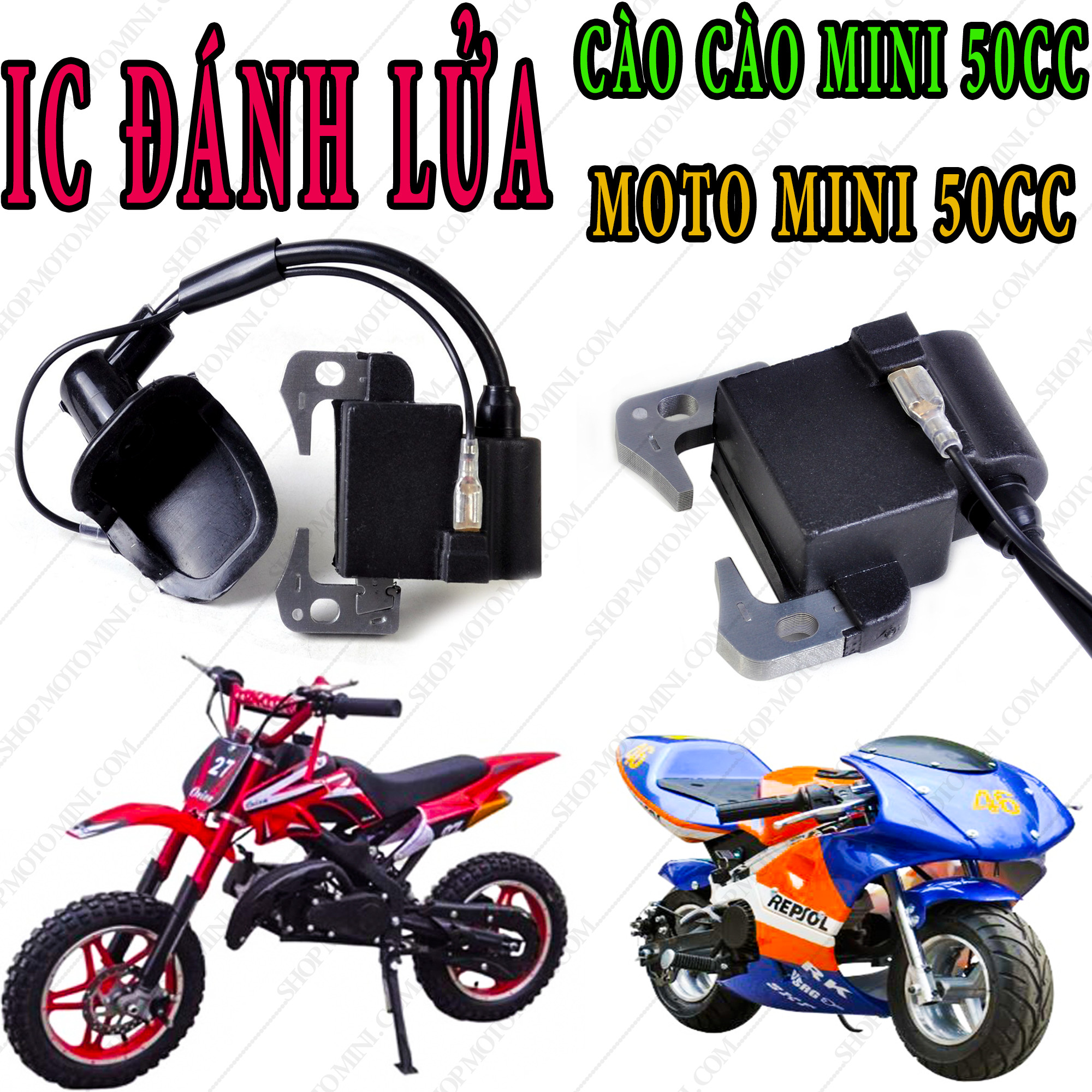 IC đánh lửa  mobin lửa xe cào cào mini 50cc | Cuộn lửa mô bin IC sườn xe moto mini 49cc | Xe gắn máy cắt cỏ 2 thì