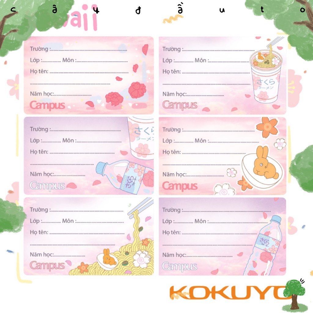 Túi 18 Nhãn Vở Học Sinh Campus Kawaii
