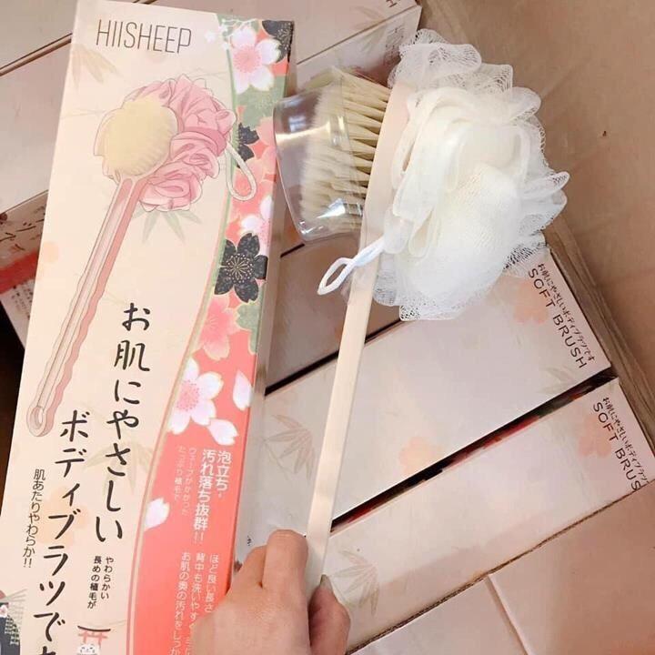 Cây Cọ Lưng 2 Đầu Cán Dài Kèm Bông Tắm Mềm Mại, Cọ Lưng Nhật Bản.