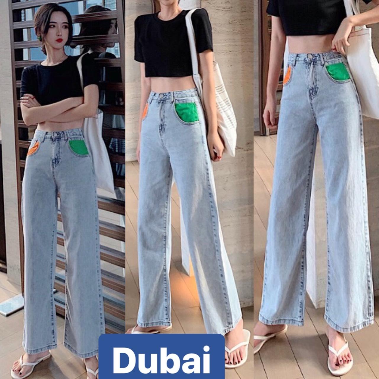QUẦN BAGGY JEAN NỮ CHẤT BÒ ỐNG SUÔNG RỘNG XANH DÀI 2 TÚI MÀU CAM XANH LƯNG CAO NÂNG MÔNG DB-18 CAO CẤP - DUBAI FASHION