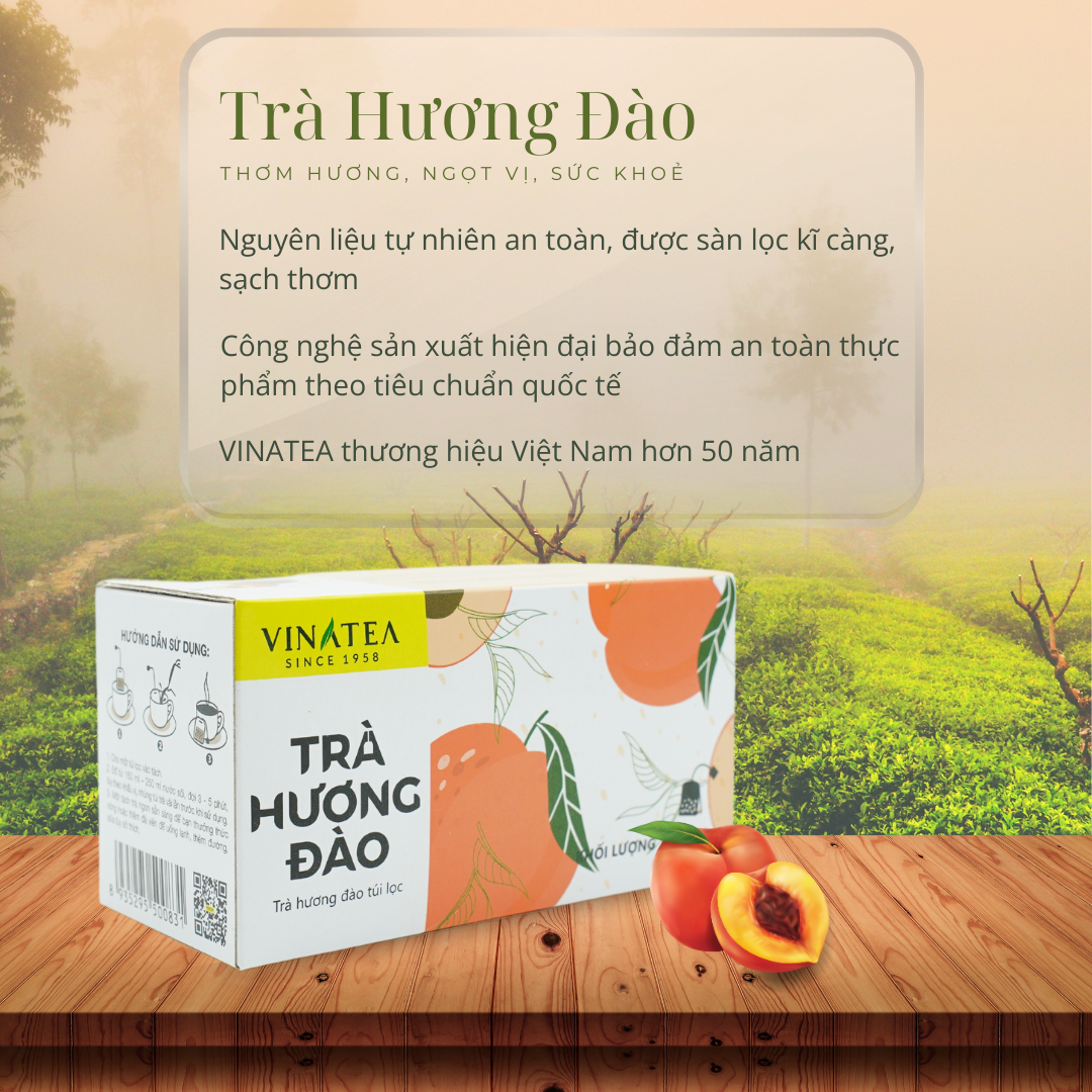 Trà đào khối lượng 50g, trà túi lọc hộp 25 túi thơm đậm vị đào tự nhiên, trà Vinatea cho sức khoẻ