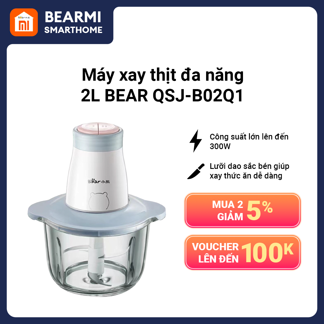 Máy Xay Thịt Đa Năng Bear 2L QSJ-B02Q1 - Công suất 300W - 4 lưỡi kéo xay thịt rau củ tiện lợi - Xay đa năng các loại thực phẩm trong bếp - Bear Nội Địa chất lượng cao