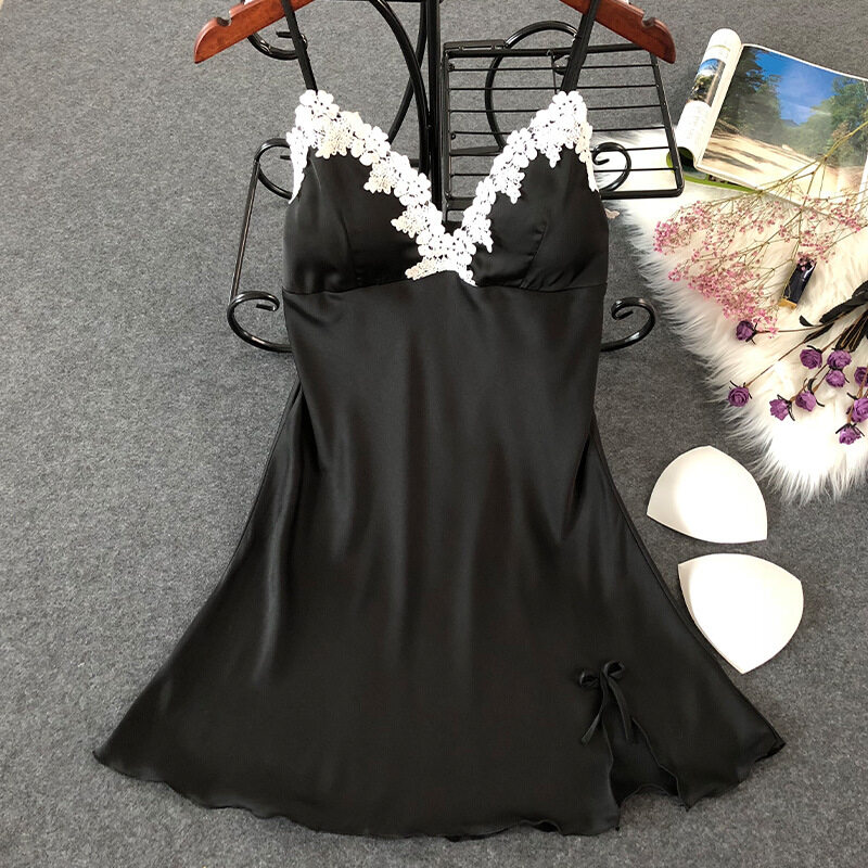 Women Sexy Lingerie Chemise Satin Lace Silk Slips Nightwear V-Neck Babydoll Nightgown Dress
