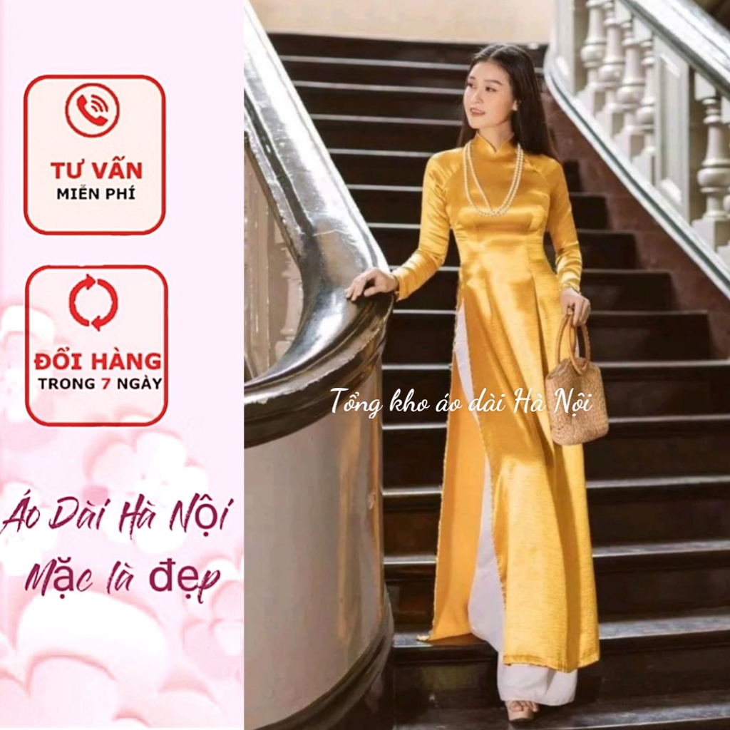 [Giá xưởng} Áo dài may sẵn màu vàng đồng lụa vân gỗ cao cấp quý phái - Áo Dài Hà Nội