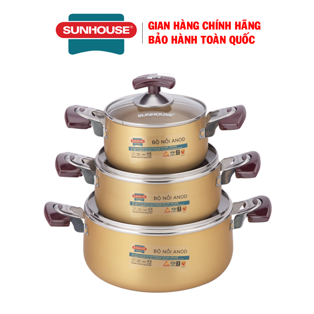 Bộ nồi anod sh6634 - bộ nồi dùng bếp gas - bộ nồi dùng bếp hồng ngoại - bộ 3 nồi - hàng chính hãng