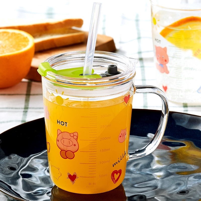 Cốc Pha Sữa Thủy Tinh Chia Vạch Kèm Nắp Đậy - Ly Pha Sữa Có Nắp, Kèm Ống Hút