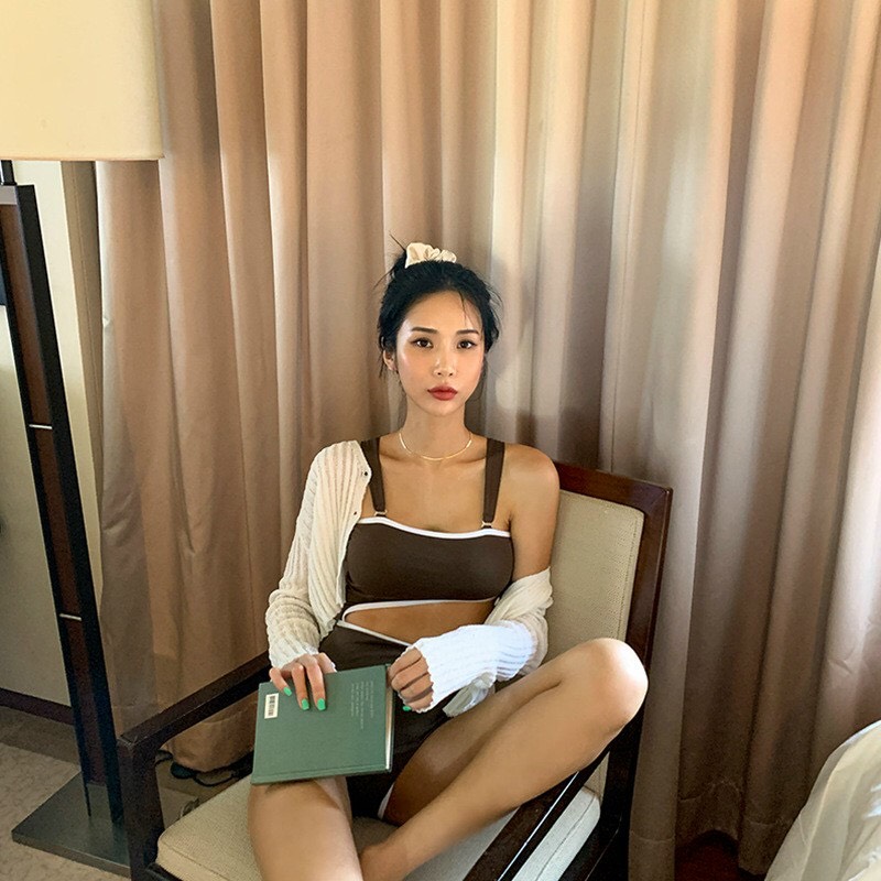 Bikini nâu trà viền trắng chanh sả