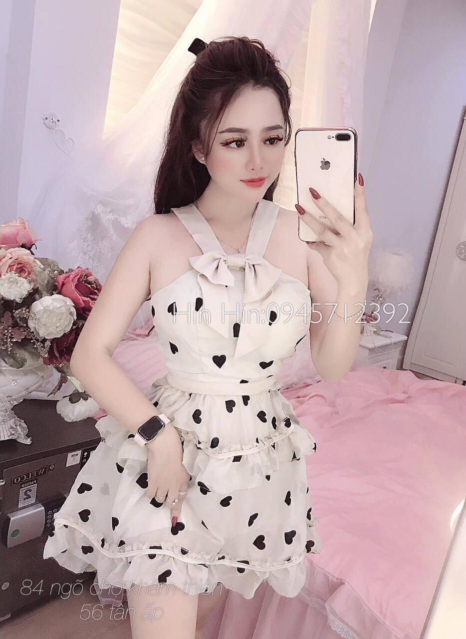 Đầm Voan Cổ Yếm Phối Bèo Tầng Kết Hợp In Hình Trái Tim Cực Baby TTS0961