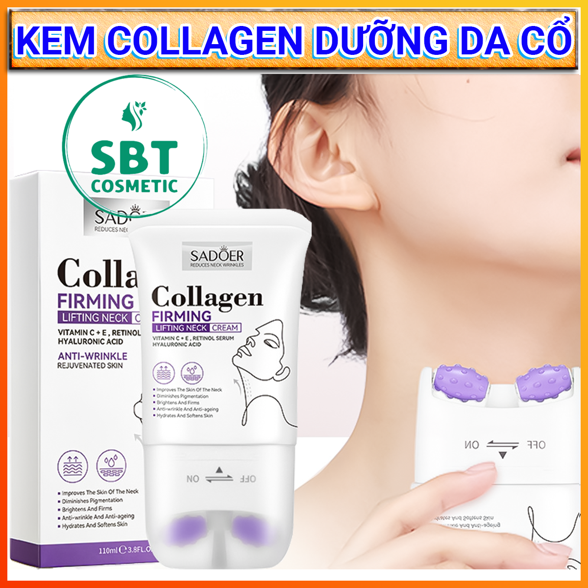 Kem Dưỡng Da Collagen Dành Cho Vùng Cổ SADOER Có Con Lăn Massage Silicone Tuýp 110ml – Chống Lão Hóa, Làm Giảm Nếp Nhăn, Dưỡng Da Sáng Mịn