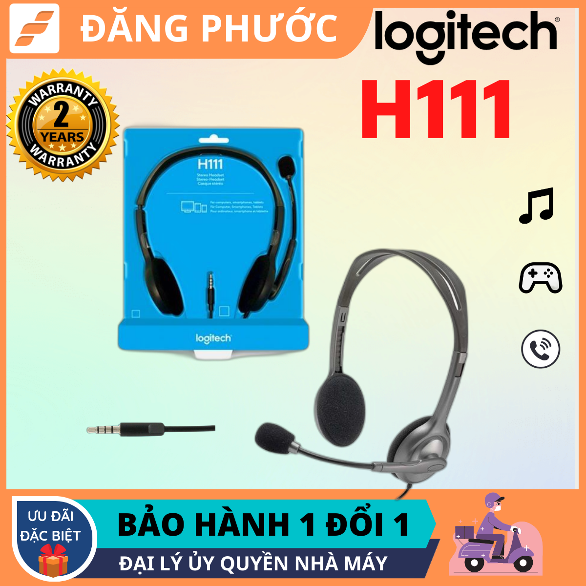 Tai nghe Logitech Stereo Headset H111 mic giảm ồn, jack cắm 3,5 mm đơn