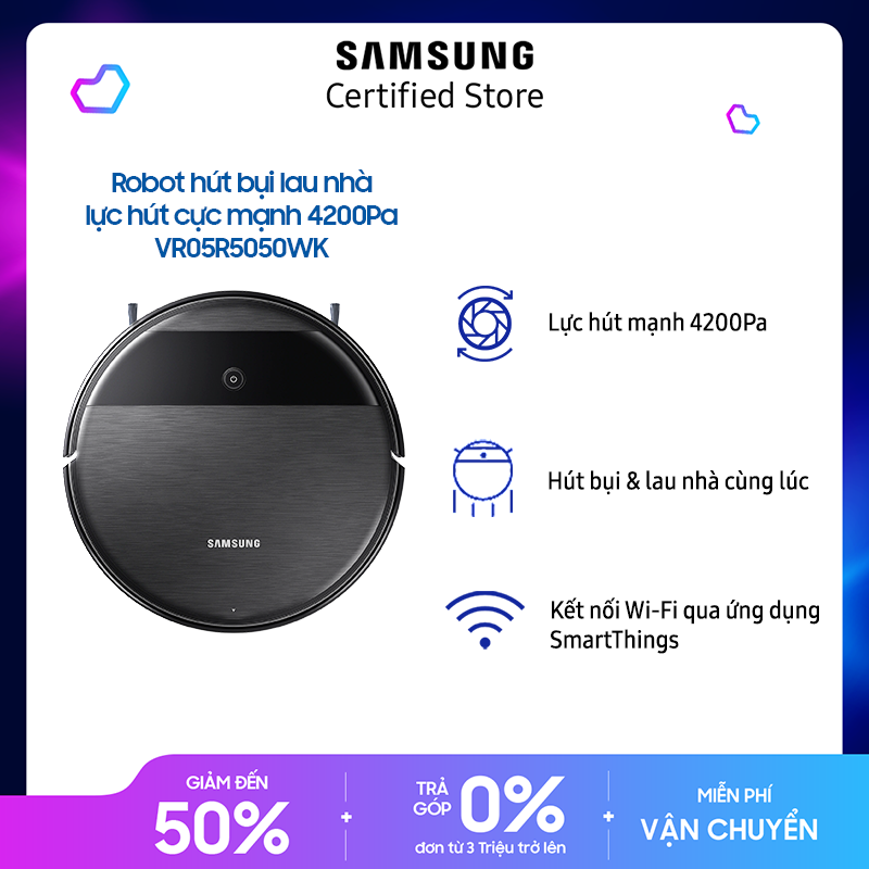 Robot hút bụi Samsung, lau nhà Powerbot-E VR05R5050WK | Hút bụi và lau nhà cùng lúc | Hệ thống cảm biến thông minh | Điều khiển thông minh | Hộp chứa bụi EZ | Chạy 150 phút | Kết nối Wifi | Nhiều chế độ