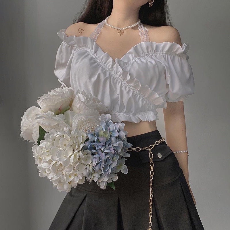 Áo kiểu croptop nữ đắp chéo phối ren, áo trễ vai tay phồng cổ bèo siêu xinh