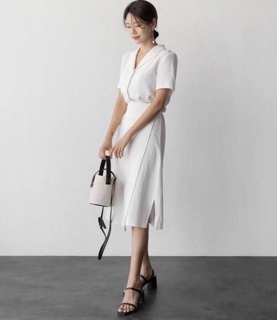 Đầm trắng cổ vest đắp tà (kèm hình thật)