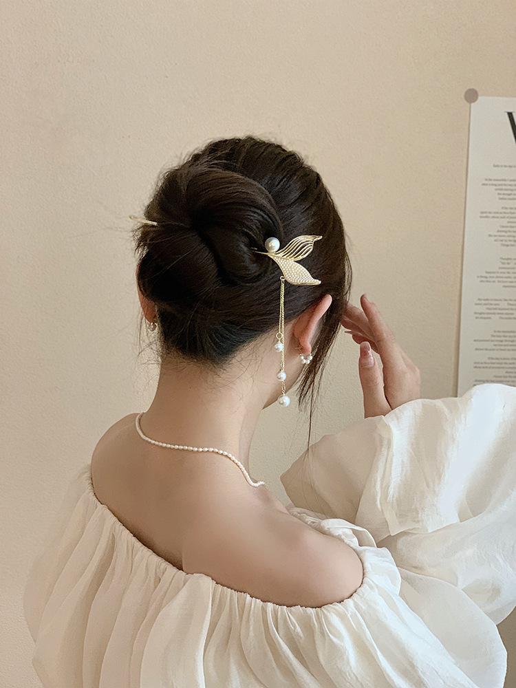 Trâm Cài Tóc Hình Đuôi Cá Đính Đá Và Hạt Châu Đơn Giản Thời Trang