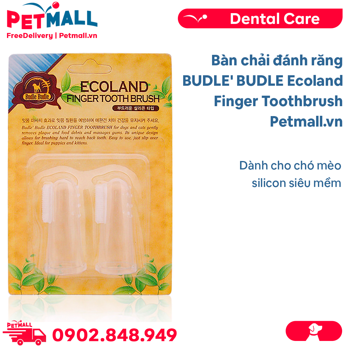 Bàn chải đánh răng BUDLE' BUDLE Ecoland Finger Toothbrush - Dành cho chó mèo, silicon siêu mềm Petmall
