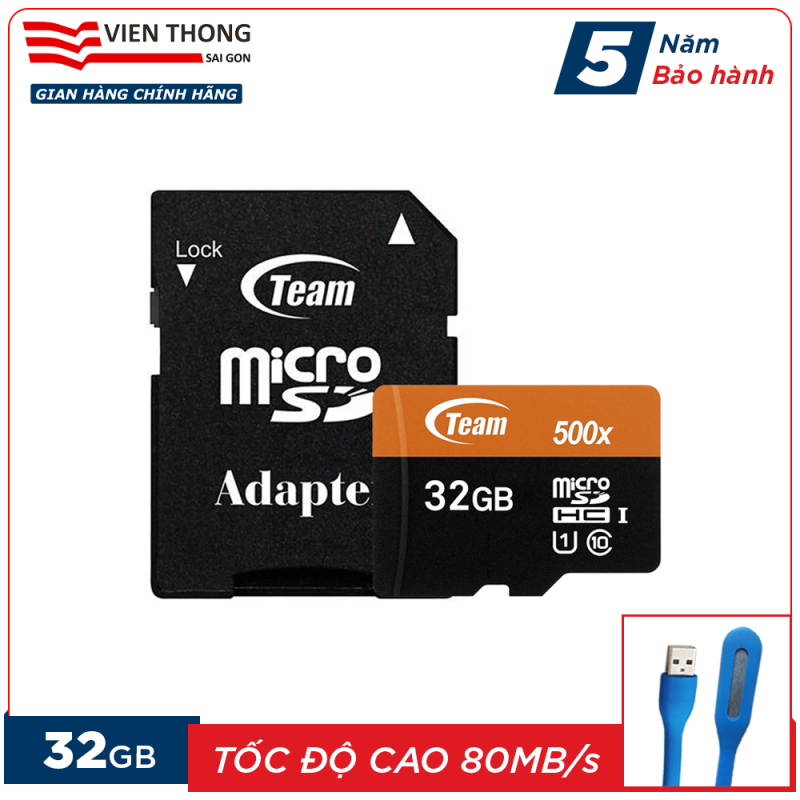 Thẻ nhớ 32GB microSDHC Team 500x upto 80MB/s class 10 U1 kèm Adapter (Cam) tặng đèn LED cổng USB - Hãng phân phối chính thức
