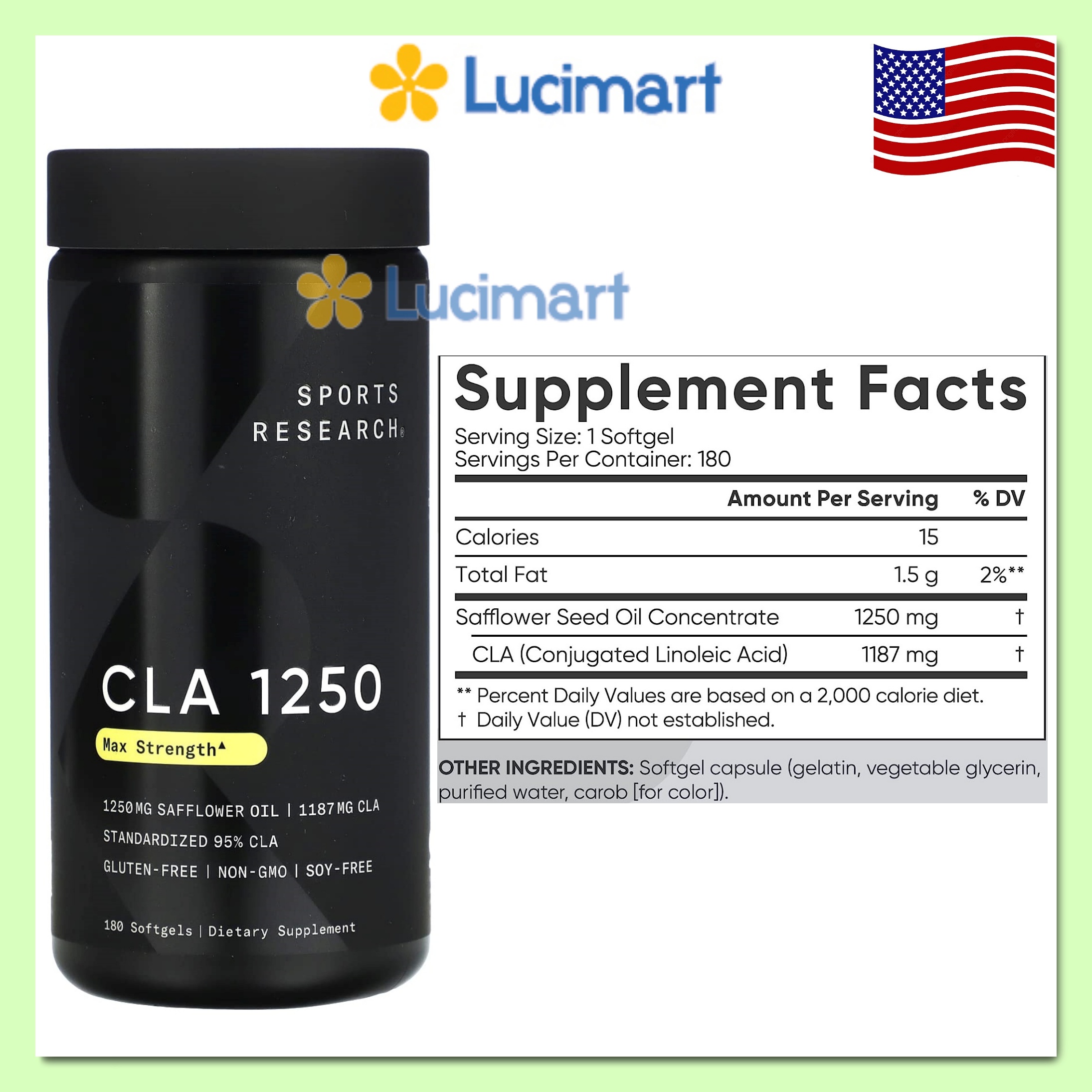 Viên uống giảm cân CLA 1250 Max Potency 1250mg Sports Research [Hàng Mỹ]