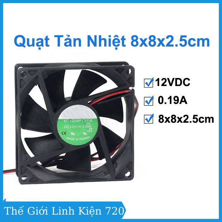 Quạt tản nhiệt 12VDC 0.19A kích thước 8x8x2.5cm làm mát, tản nhiệt máy