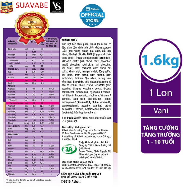 [HCM]Sữa bột Pediasure 1.6kg hương vani