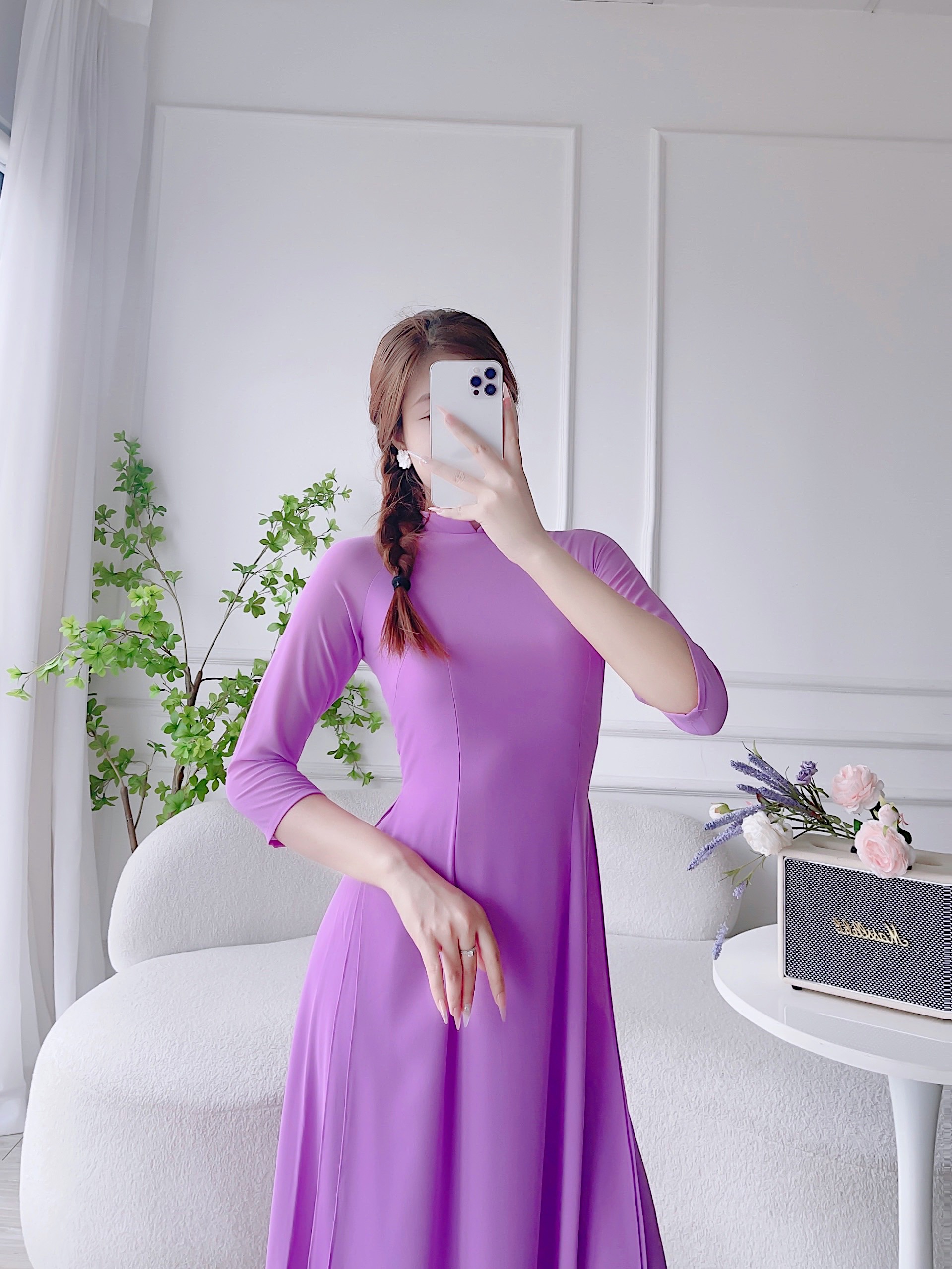 Áo dài tím, áo dài trơn lụa chi phông 4 tà MÃ T22