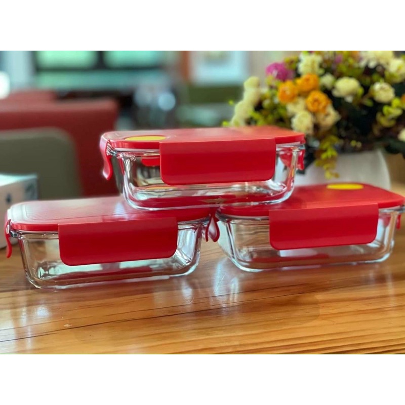 Set 03 hộp thủy tinh chữ nhật 640ml - nắp gài