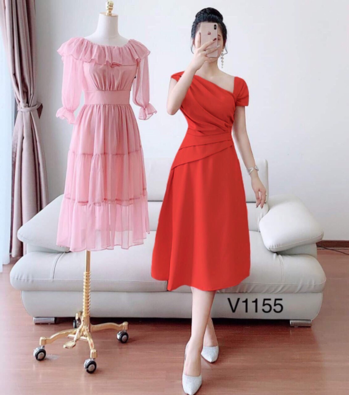 Đầm xòe dự tiệc xếp ly chéo vai