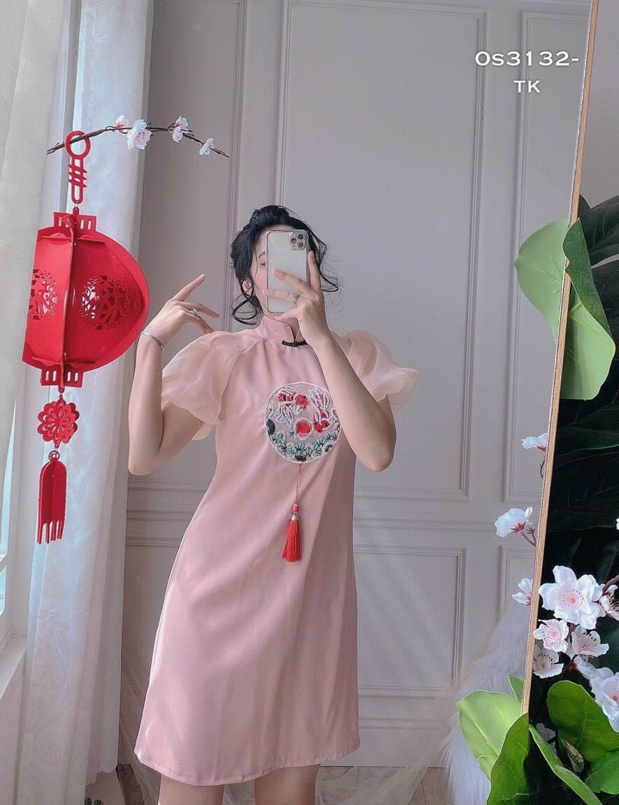 Đầm suông cổ tàu tay phồng-HCzu#damnu